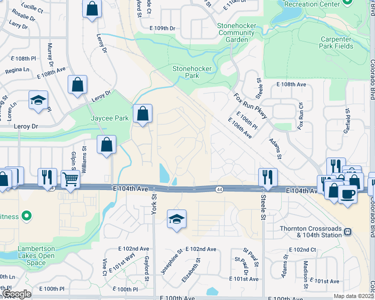 map of restaurants, bars, coffee shops, grocery stores, and more near in Thornton