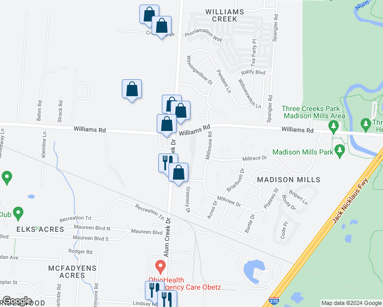 map of restaurants, bars, coffee shops, grocery stores, and more near 3813 Aires Brook Drive in Columbus