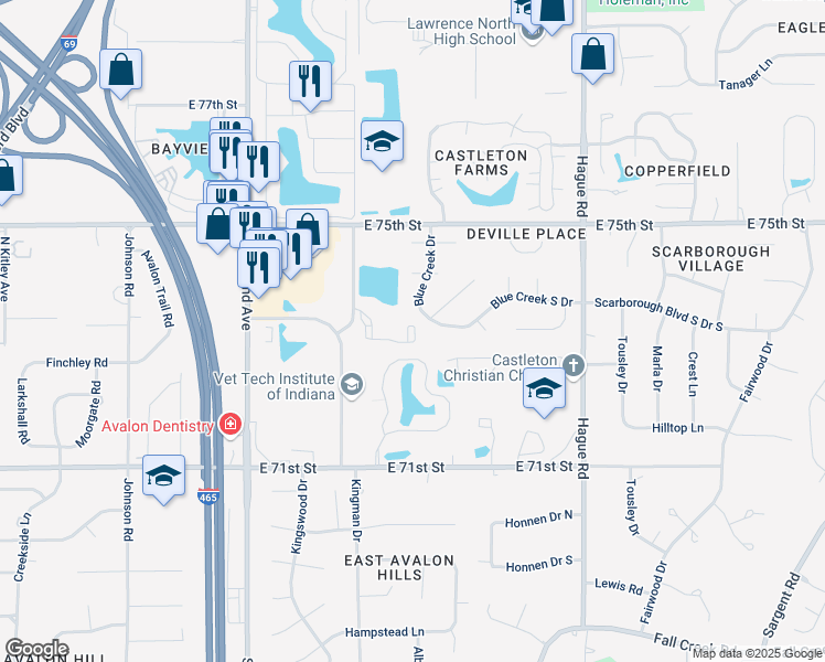 map of restaurants, bars, coffee shops, grocery stores, and more near 7360 Blue Creek West Drive in Indianapolis