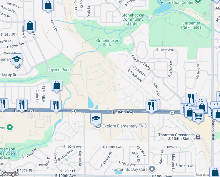 map of restaurants, bars, coffee shops, grocery stores, and more near 2501 East 104th Avenue in Thornton