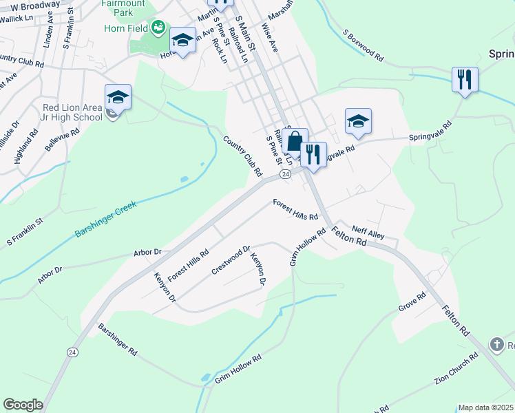 map of restaurants, bars, coffee shops, grocery stores, and more near 103 Forest Hills Road in Red Lion
