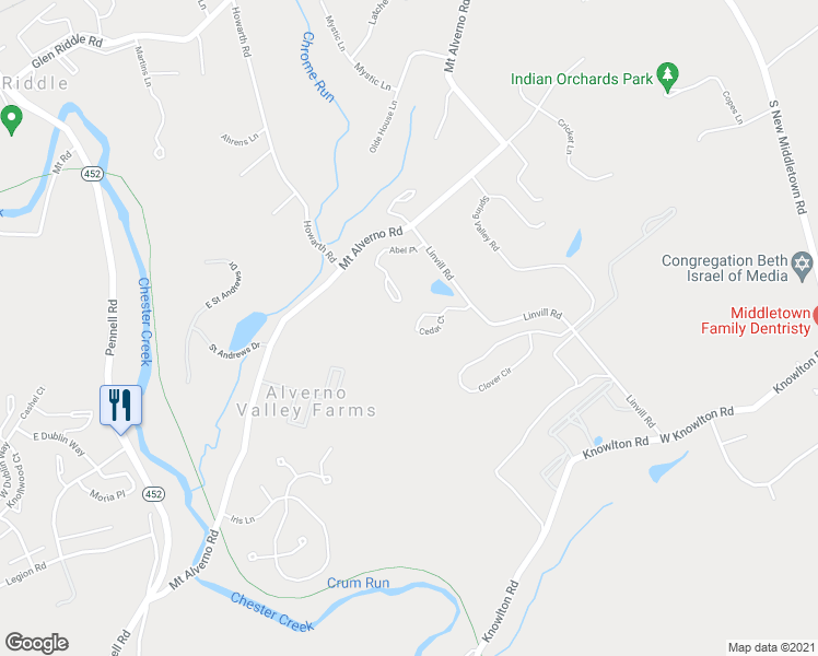 map of restaurants, bars, coffee shops, grocery stores, and more near 129 Cedar Court in Media