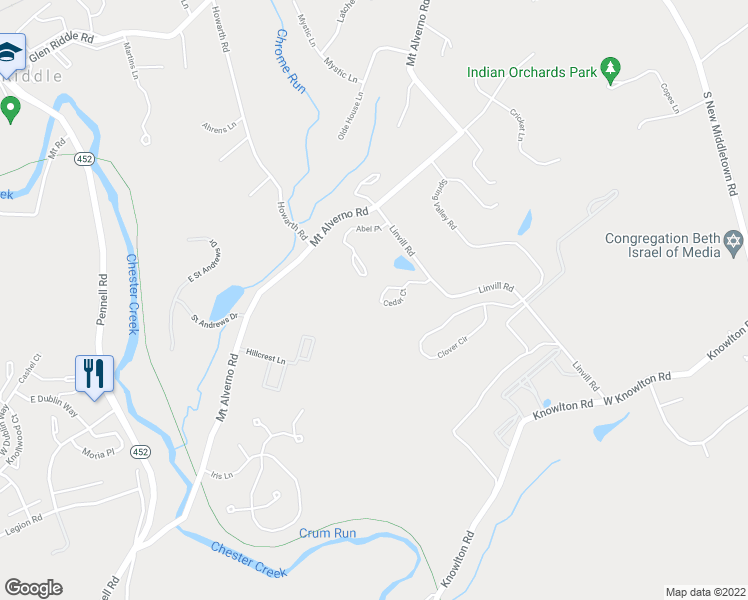 map of restaurants, bars, coffee shops, grocery stores, and more near 129 Cedar Court in Media