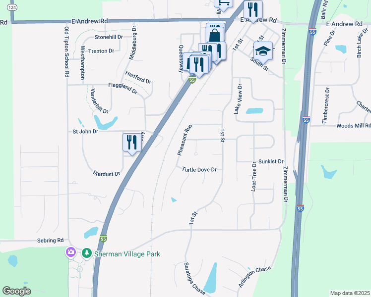 map of restaurants, bars, coffee shops, grocery stores, and more near 58-82 Ramblewood Lane in Sherman