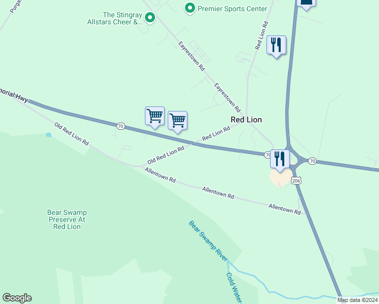 map of restaurants, bars, coffee shops, grocery stores, and more near 1816 New Jersey 70 in Southampton Township