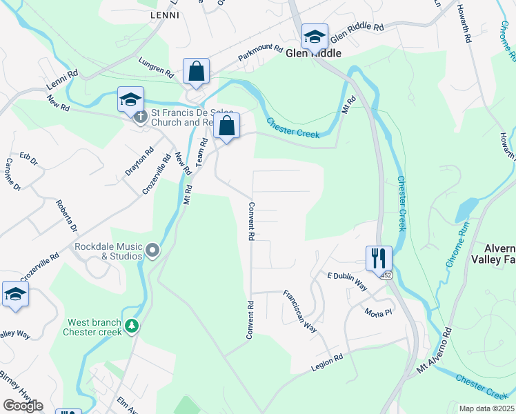 map of restaurants, bars, coffee shops, grocery stores, and more near 623 Convent Road in Delaware County