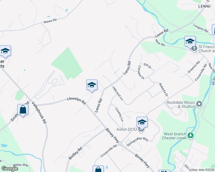 map of restaurants, bars, coffee shops, grocery stores, and more near 382 Lenni Road in Aston