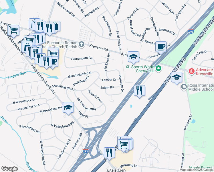 map of restaurants, bars, coffee shops, grocery stores, and more near 1010 Salem Road in Cherry Hill
