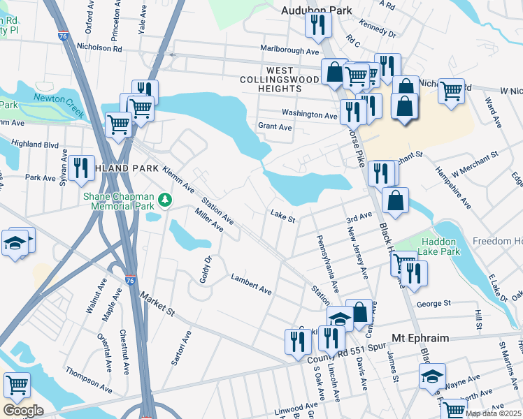 map of restaurants, bars, coffee shops, grocery stores, and more near 418 Lake Street in Mount Ephraim