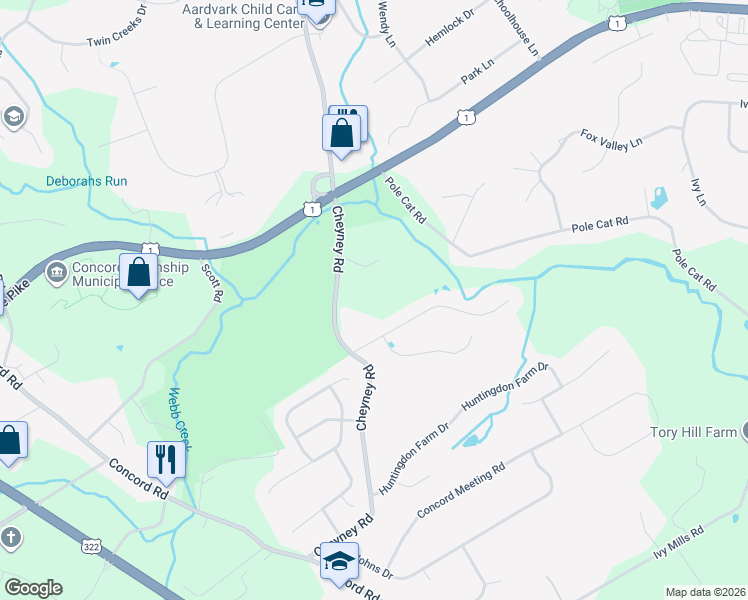 map of restaurants, bars, coffee shops, grocery stores, and more near 6 Samuel Hill Lane in Glen Mills