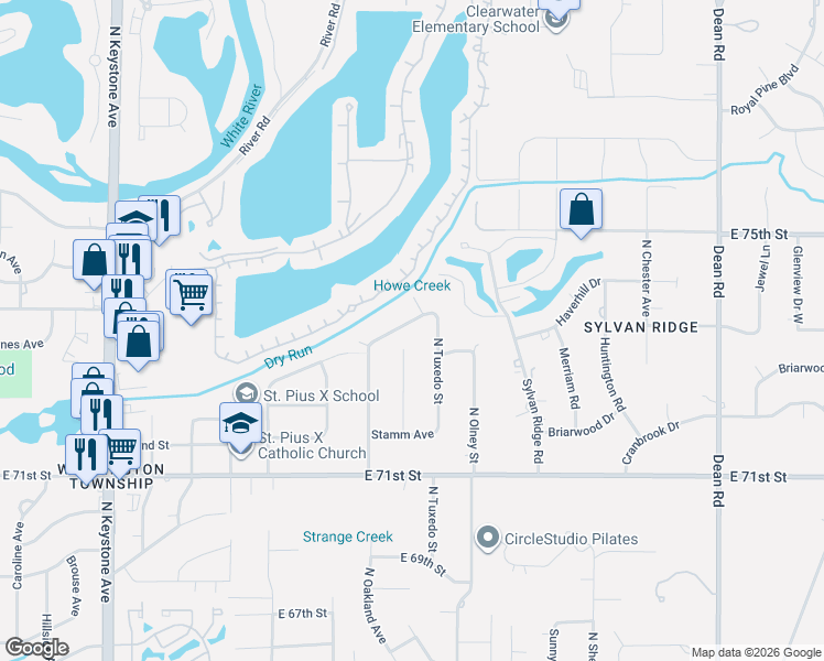 map of restaurants, bars, coffee shops, grocery stores, and more near 3306 Van Tassel Drive in Indianapolis