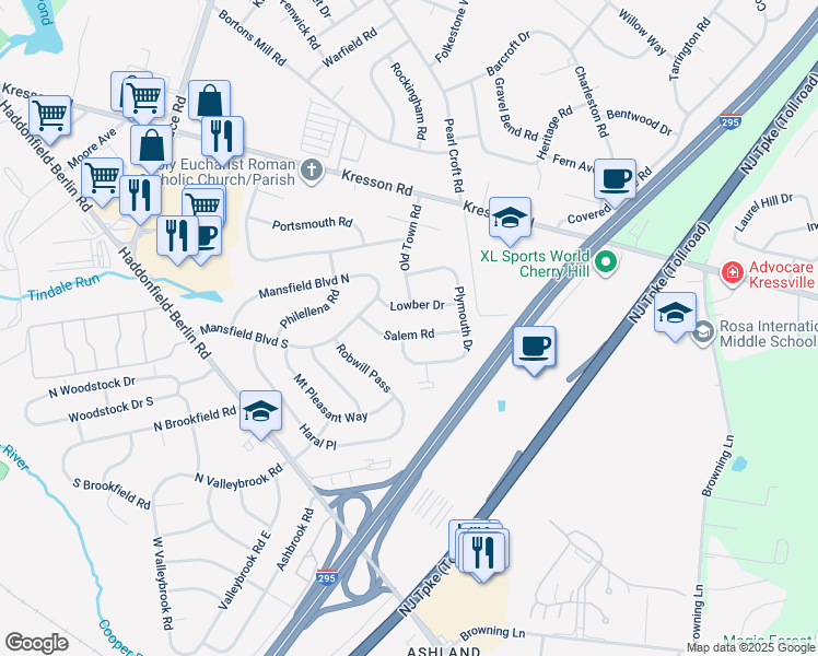 map of restaurants, bars, coffee shops, grocery stores, and more near 1010 Salem Road in Cherry Hill