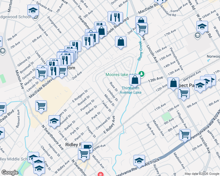 map of restaurants, bars, coffee shops, grocery stores, and more near 505 Lindsay Street in Ridley Park