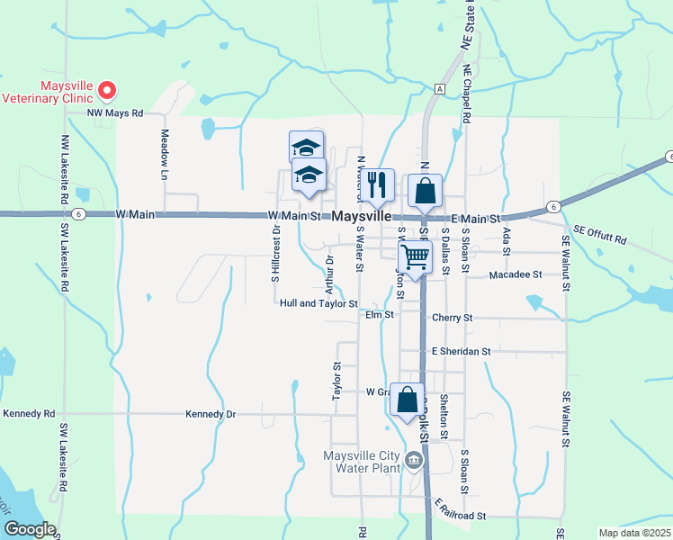 map of restaurants, bars, coffee shops, grocery stores, and more near 201 Arthur Drive in Maysville