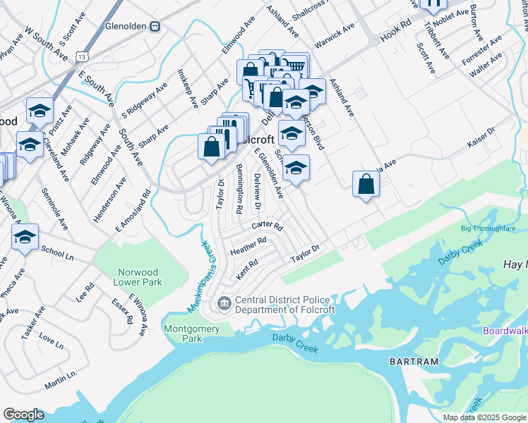 map of restaurants, bars, coffee shops, grocery stores, and more near 927 Delview Drive in Folcroft