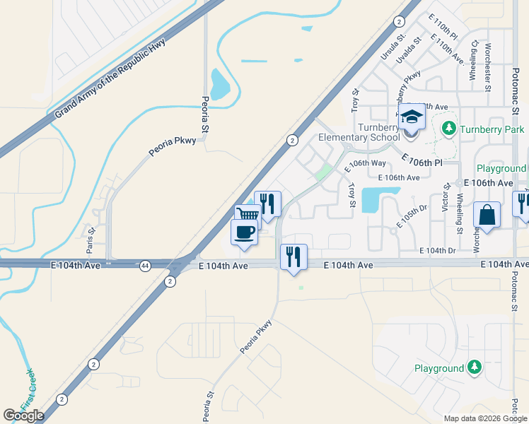 map of restaurants, bars, coffee shops, grocery stores, and more near 10536 Racine Way in Commerce City