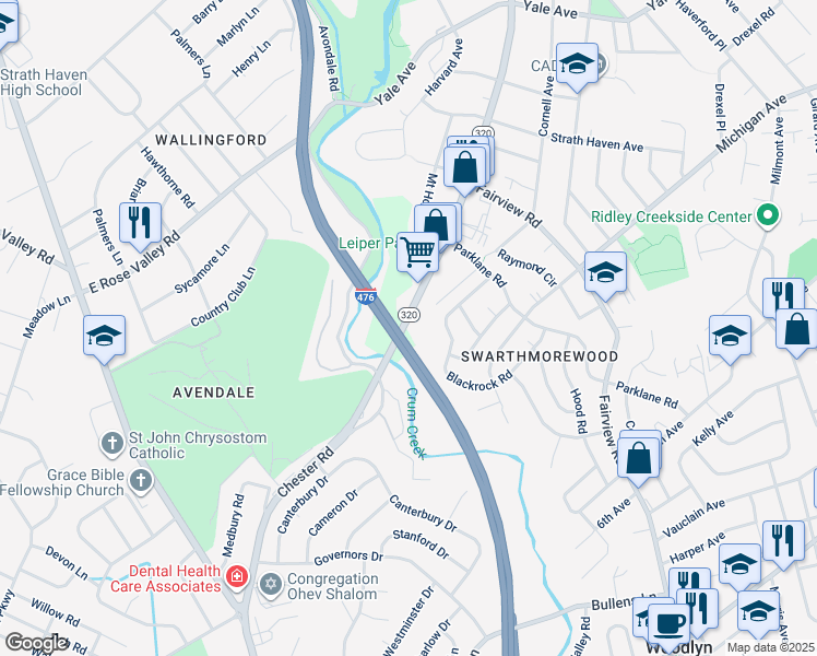 map of restaurants, bars, coffee shops, grocery stores, and more near in Woodlyn