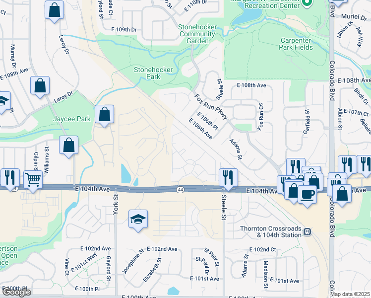 map of restaurants, bars, coffee shops, grocery stores, and more near 2525 East 104th Avenue in Thornton