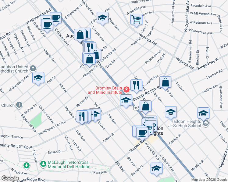 map of restaurants, bars, coffee shops, grocery stores, and more near 622 South White Horse Pike in Audubon