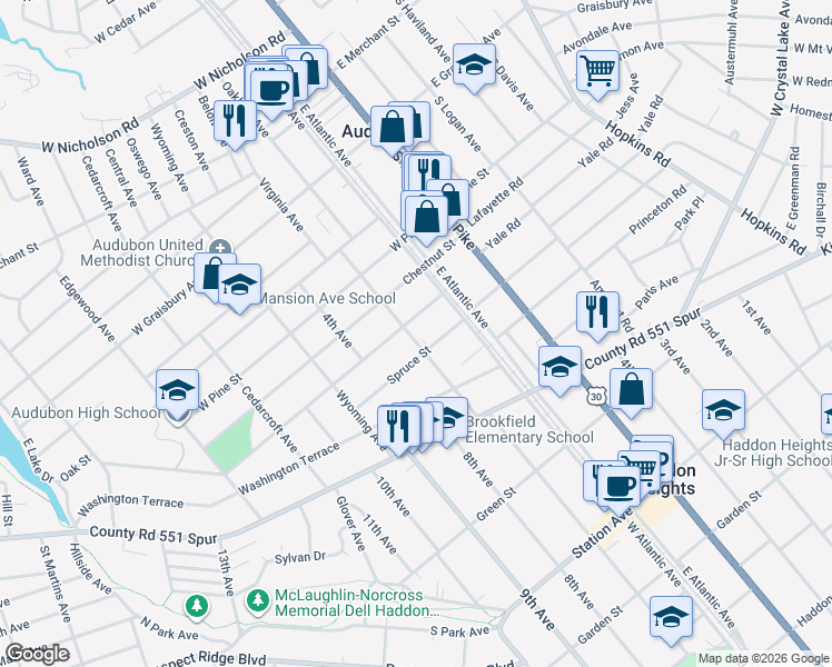 map of restaurants, bars, coffee shops, grocery stores, and more near 114 Walnut Street in Audubon