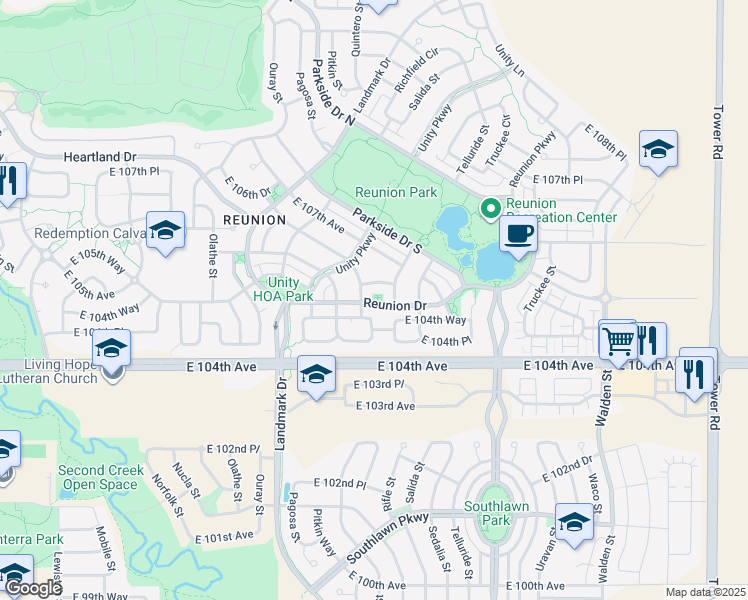 map of restaurants, bars, coffee shops, grocery stores, and more near Touchstone Park Trail in Commerce City