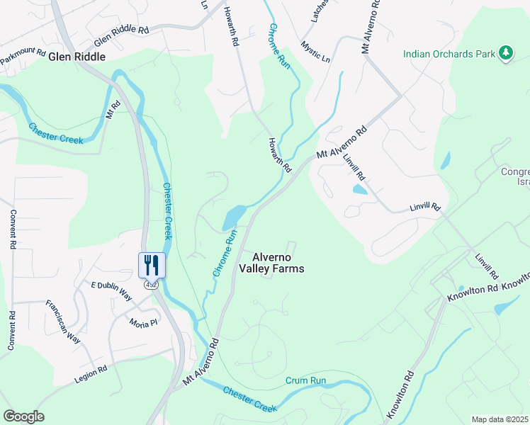 map of restaurants, bars, coffee shops, grocery stores, and more near 571 Mount Alverno Road in Media