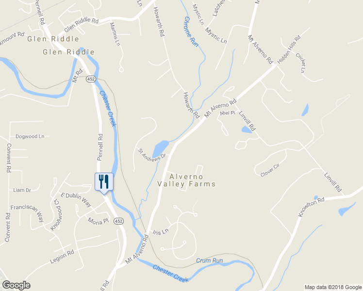 map of restaurants, bars, coffee shops, grocery stores, and more near 571 Mount Alverno Road in Media