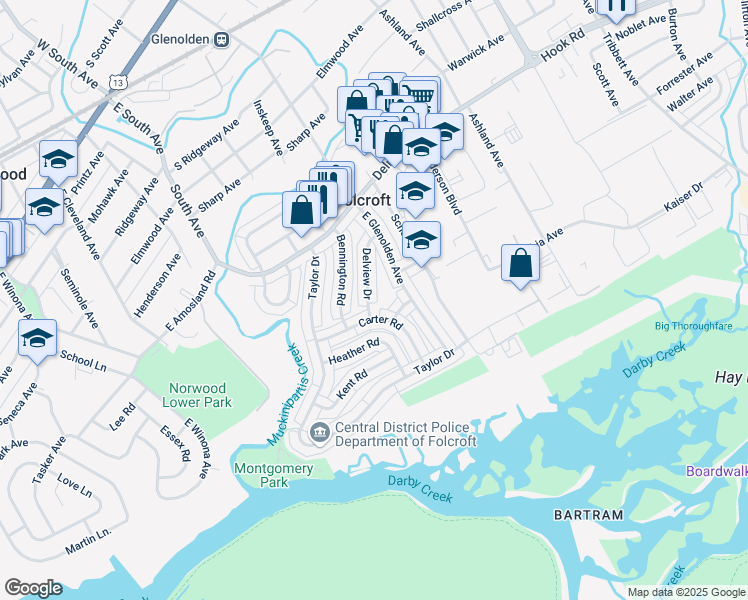 map of restaurants, bars, coffee shops, grocery stores, and more near 927 Delview Drive in Folcroft