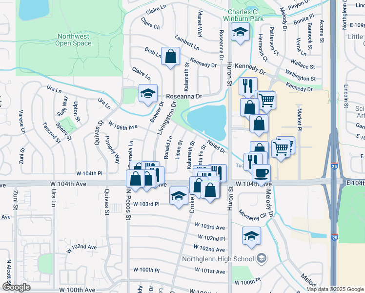map of restaurants, bars, coffee shops, grocery stores, and more near 10547 Lipan Street in Northglenn