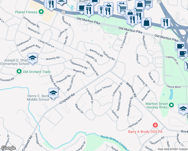 map of restaurants, bars, coffee shops, grocery stores, and more near 635 Orchard Road in Cherry Hill