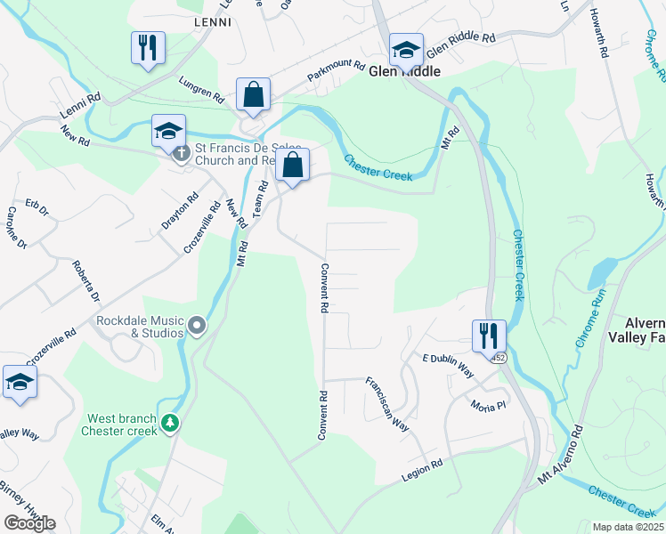 map of restaurants, bars, coffee shops, grocery stores, and more near 623 Convent Road in Delaware County