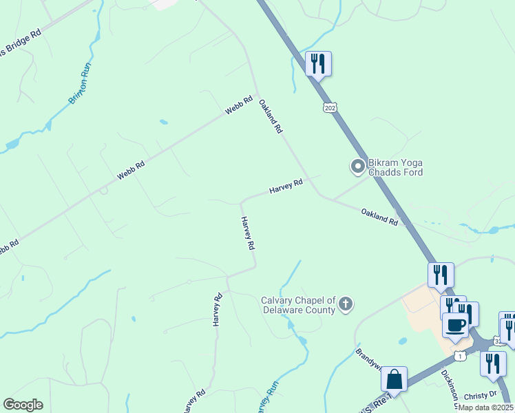 map of restaurants, bars, coffee shops, grocery stores, and more near 61 Harvey Road in West Chester