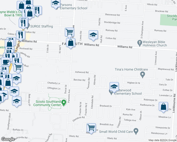 map of restaurants, bars, coffee shops, grocery stores, and more near 562 Ashwood Road in Columbus