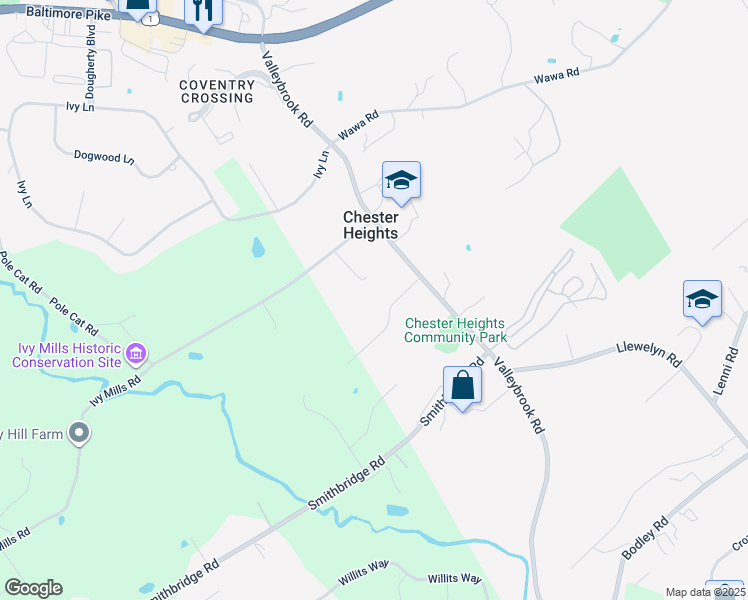 map of restaurants, bars, coffee shops, grocery stores, and more near 150 Heather Lane in Glen Mills