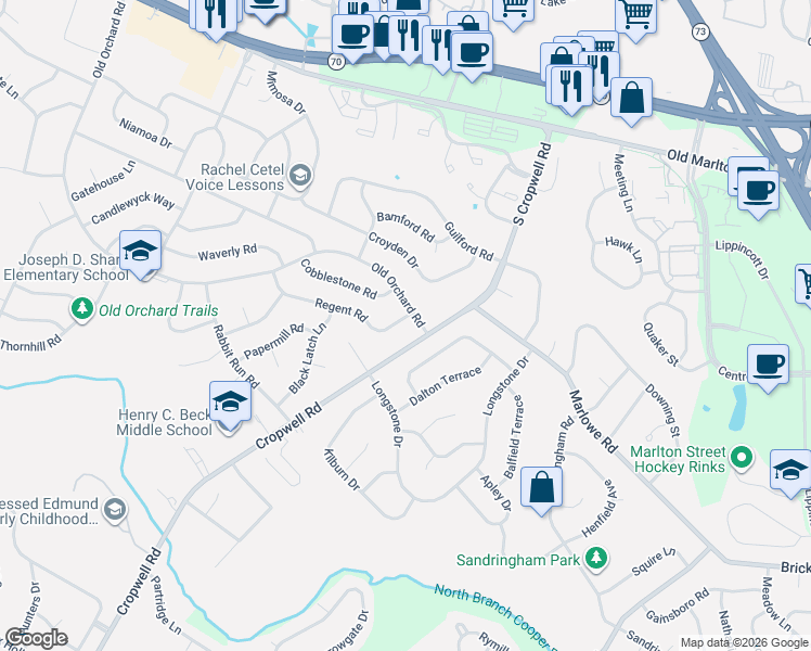 map of restaurants, bars, coffee shops, grocery stores, and more near 635 Orchard Road in Cherry Hill