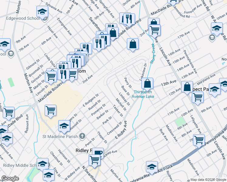 map of restaurants, bars, coffee shops, grocery stores, and more near 505 Lindsay Street in Ridley Park