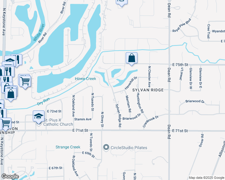 map of restaurants, bars, coffee shops, grocery stores, and more near 7321 Sylvan Ridge Rd in Indianapolis