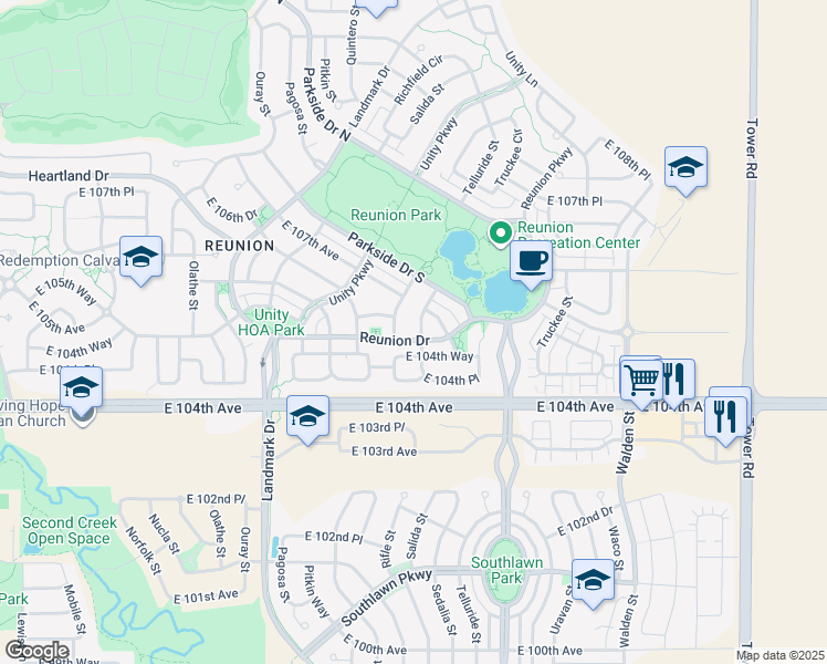 map of restaurants, bars, coffee shops, grocery stores, and more near 10539 Sedalia Street in Commerce City