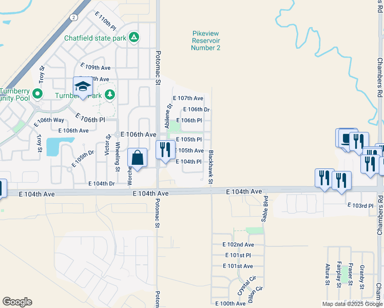 map of restaurants, bars, coffee shops, grocery stores, and more near 13985 East 105th Avenue in Commerce City