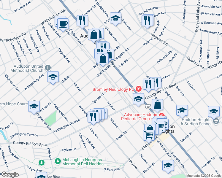 map of restaurants, bars, coffee shops, grocery stores, and more near 100 Spruce Street in Audubon