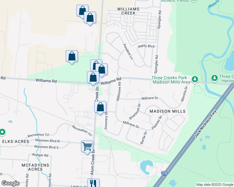 map of restaurants, bars, coffee shops, grocery stores, and more near 3881 Millstone Road in Columbus