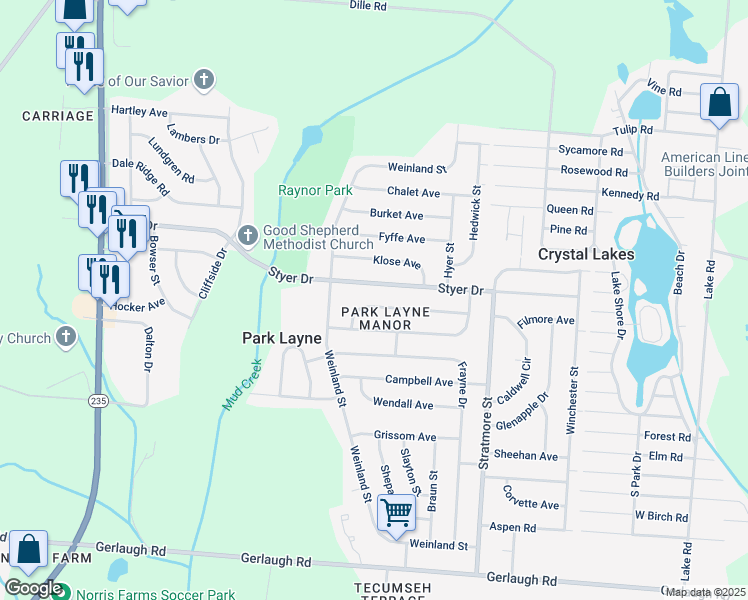 map of restaurants, bars, coffee shops, grocery stores, and more near 1233 Styer Drive in New Carlisle