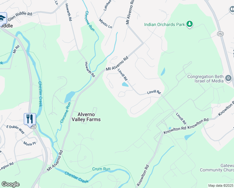 map of restaurants, bars, coffee shops, grocery stores, and more near 125 Cedar Court in Media
