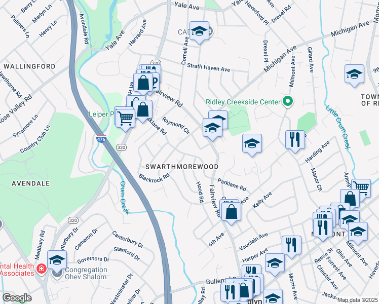 map of restaurants, bars, coffee shops, grocery stores, and more near 1411 Parklane Road in Swarthmore