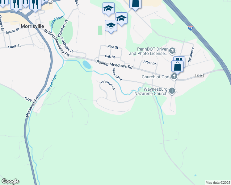 map of restaurants, bars, coffee shops, grocery stores, and more near 26 Rinehart Lane in Waynesburg