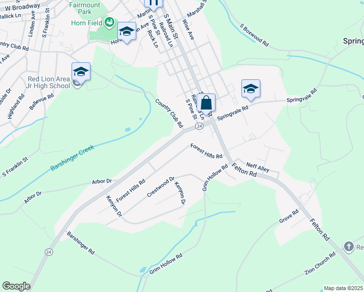 map of restaurants, bars, coffee shops, grocery stores, and more near 103 Forest Hills Road in Red Lion