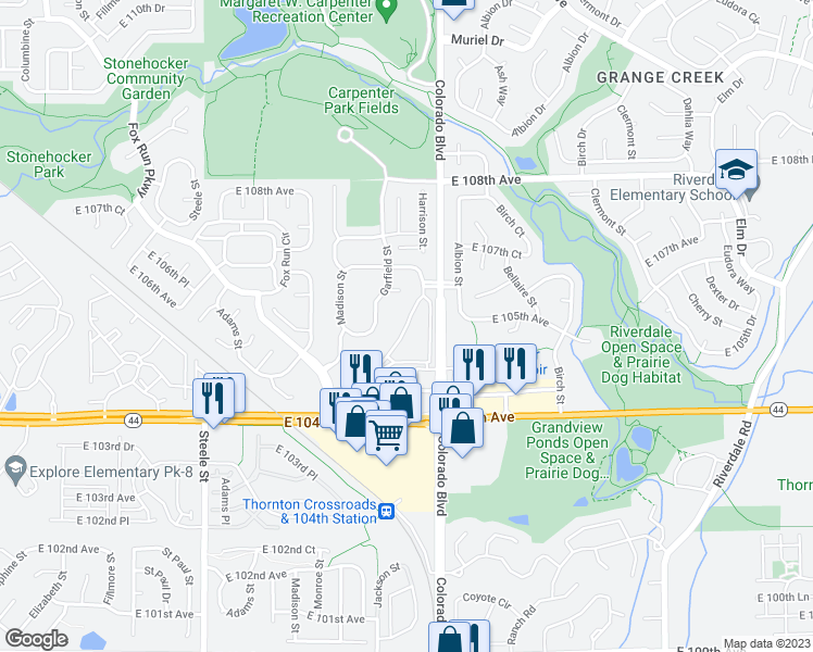 map of restaurants, bars, coffee shops, grocery stores, and more near Covington Ridge in Thornton