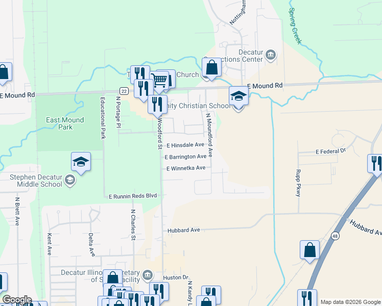 map of restaurants, bars, coffee shops, grocery stores, and more near 1708 East Barrington Avenue in Decatur