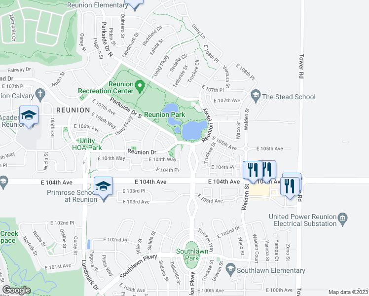 map of restaurants, bars, coffee shops, grocery stores, and more near 10496 East Telluride Court in Commerce City