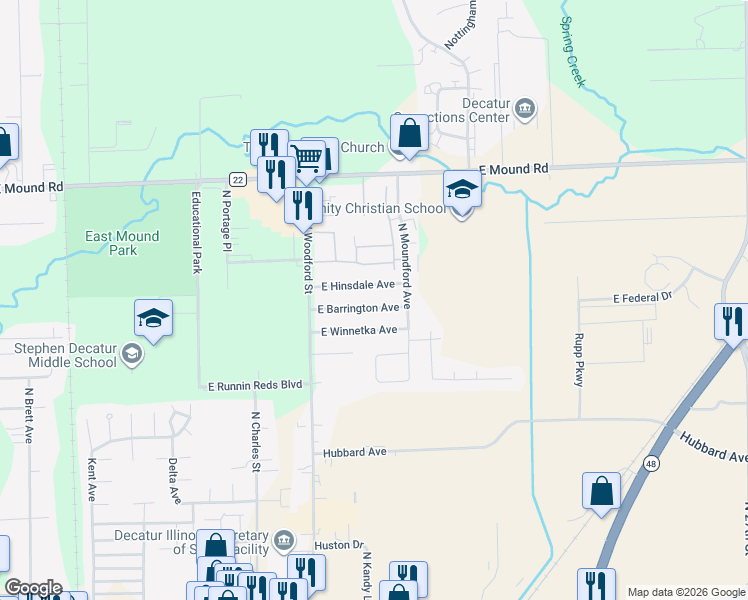 map of restaurants, bars, coffee shops, grocery stores, and more near 1708 East Barrington Avenue in Decatur